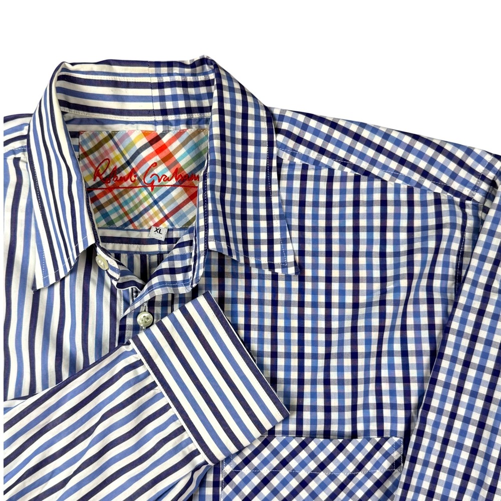 Robert Graham Blue White Striped Gingham Split Pattern Button Down Mens XL